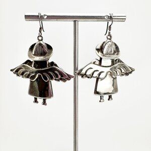 VTG Sterling Silver 925 Angel Textured Wings Dangle Earrings Size 2" Length